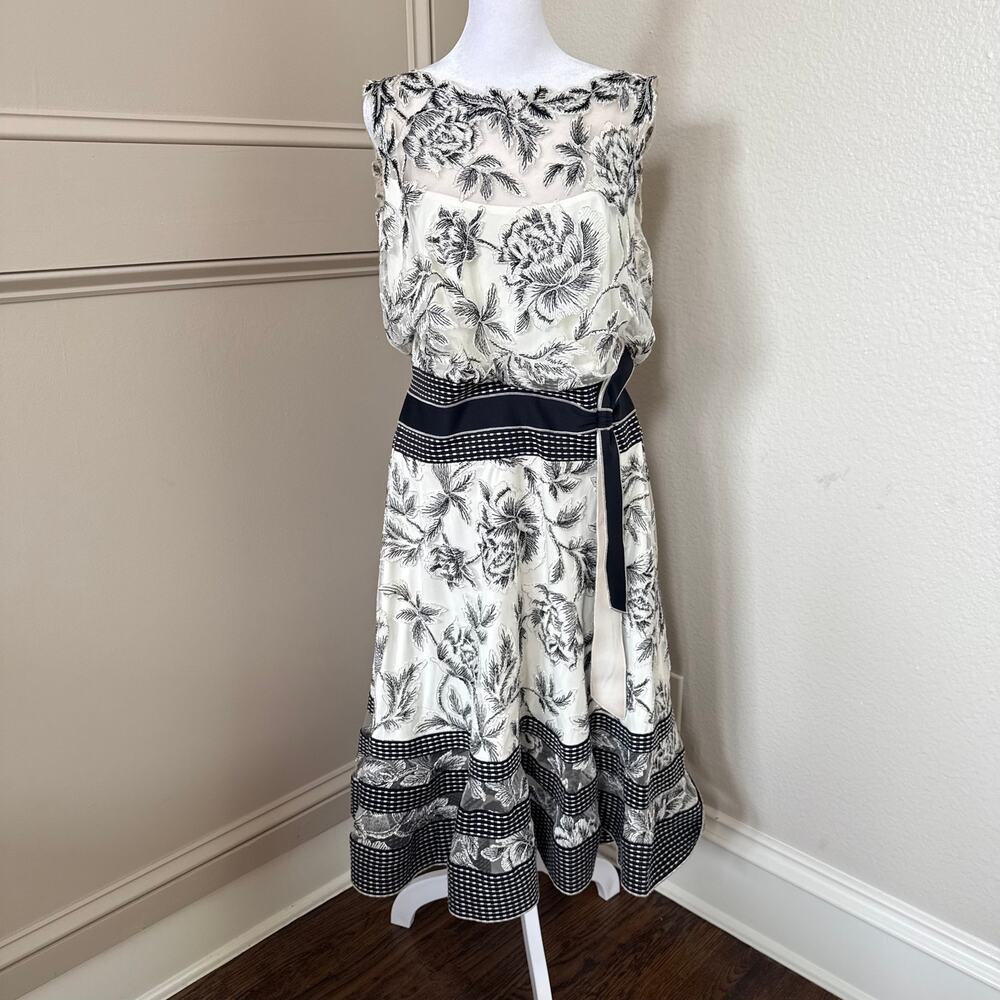 Tadashi Shoji Black White Illusion Neck Embroidered Lace A-Line Dress Size 16